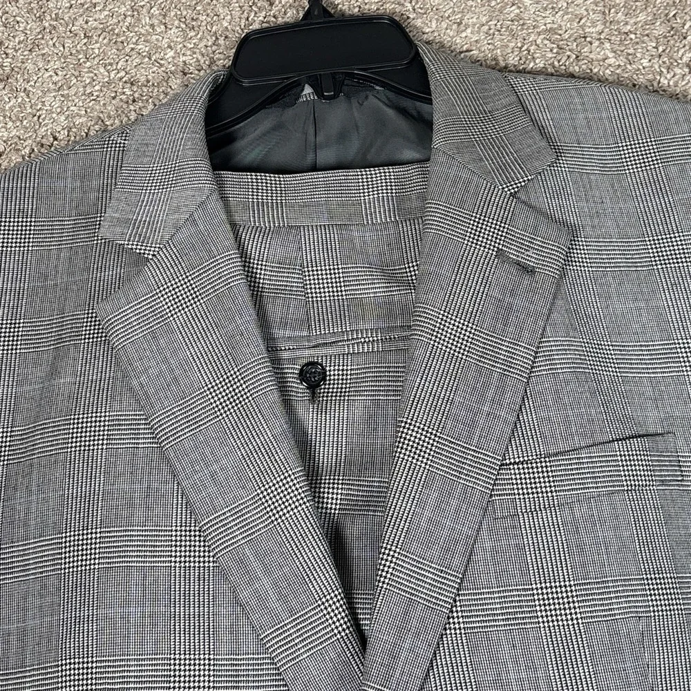 Jos A Bank 43R 36x28 Gray Glen Plaid 2pc Pant Suit Flannel Wool Pleated